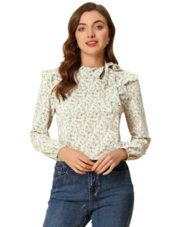 Allegra K Women's Bow Tie Neck Long Sleeve Floral Ruffled Blouse -CUPSHE Store GUEST b36ded89 a178 4307 b091 022149ab2bee