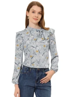 Allegra K Women's Bow Tie Neck Long Sleeve Floral Ruffled Blouse -CUPSHE Store GUEST b5196733 e289 4407 a912 244613b71b5f
