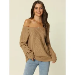 Seta T Womens' Round Neck Long Sleeve Button Decor Cable Knit Casual Sweater Tops