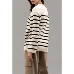 August Sky Women's Crew Neck Relaxed Fit Stripe Knit Sweater