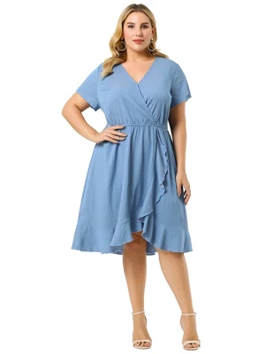 Agnes Orinda Women's Plus Size Faux Wrap Elastic Waist V Neck Chambray Ruffle Dress 2 Agnes Orinda Women's Plus Size Faux Wrap Elastic Waist V Neck Chambray Ruffle Dress - Image 2