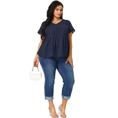 Agnes Orinda Women's Plus Size Contrast Panel V Neck Elastic Back Short Sleeve Blouses 2 Agnes Orinda Women's Plus Size Contrast Panel V Neck Elastic Back Short Sleeve Blouses - Image 2