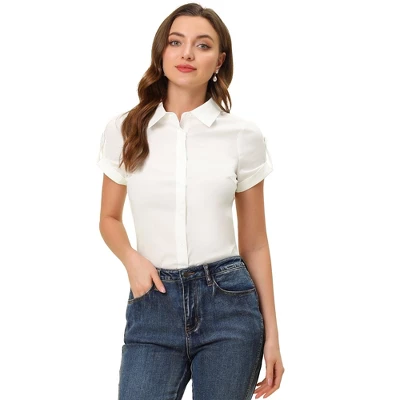Allegra K Women's Elegant Roll-Up Short Sleeve Work Button-Down Shirts 6 Allegra K Women's Elegant Roll-Up Short Sleeve Work Button-Down Shirts - Image 6