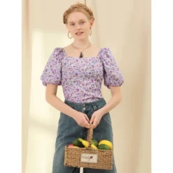 Allegra K Women's Puff Sleeve Square Neck Floral Print Blouse Top