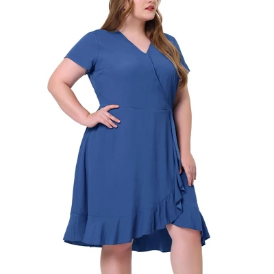 Agnes Orinda Women's Plus Size Faux Wrap Elastic Waist V Neck Chambray Ruffle Dress 7 Agnes Orinda Women's Plus Size Faux Wrap Elastic Waist V Neck Chambray Ruffle Dress - Image 7