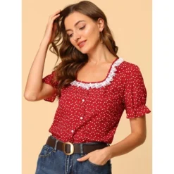 Allegra K Women's Square Neck Button Ruffle Sleeve Love Heart Printed Blouse Top