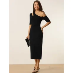 Seta T Women's Spring Fall Short Sleeve Cutout Off Shoulder Bodycon Midi Sweater Dresses