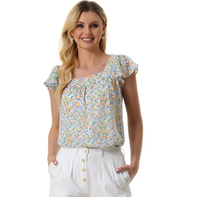 Allegra K Women's Chiffon Ruffle Sleeve Square Neck Floral Print Layered Blouse 13 Allegra K Women's Chiffon Ruffle Sleeve Square Neck Floral Print Layered Blouse - Image 13