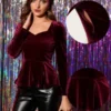 Allegra K Women's Elegant Sweetheart Neck Long Sleeve Velvet Blouse Peplum Top