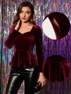 Allegra K Women's Elegant Sweetheart Neck Long Sleeve Velvet Blouse Peplum Top