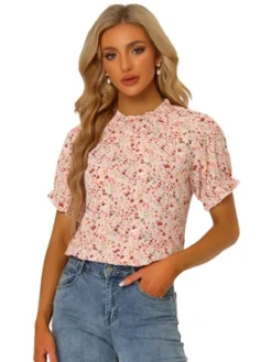 Allegra K Women's Floral Ruffled Short Sleeve Mock Neck Blouses -CUPSHE Store GUEST c32e253d e74e 45c2 abe8 589e0dc5edf5