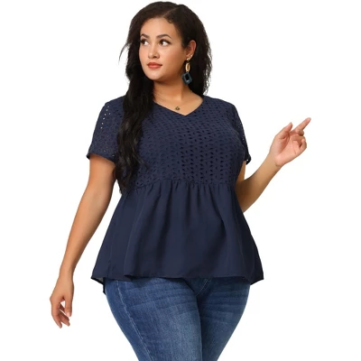 Agnes Orinda Women's Plus Size Contrast Panel V Neck Elastic Back Short Sleeve Blouses 3 Agnes Orinda Women's Plus Size Contrast Panel V Neck Elastic Back Short Sleeve Blouses - Image 3