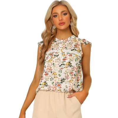 Allegra K Women's Chiffon Floral Ruffled Short Sleeve Button Shirt 5 Allegra K Women's Chiffon Floral Ruffled Short Sleeve Button Shirt - Image 5