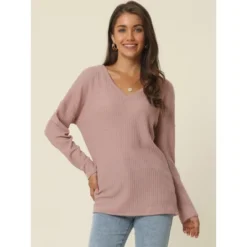 Seta T Women's V Neck Waffle Knit Long Sleeve Casual Tunic Blouses