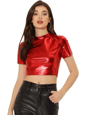 Allegra K Women's Party Short Sleeve Mock Neck Metallic Crop Top 10 Allegra K Women's Party Short Sleeve Mock Neck Metallic Crop Top - Image 10