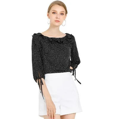 Allegra K Women's Vintage 3/4 Sleeve Boat Neck Ruffled Heart Dots Print Blouse 2 Allegra K Women's Vintage 3/4 Sleeve Boat Neck Ruffled Heart Dots Print Blouse - Image 2