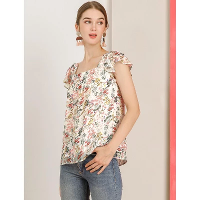 Allegra K Women's Chiffon Ruffle Sleeve Square Neck Floral Print Layered Blouse 3 Allegra K Women's Chiffon Ruffle Sleeve Square Neck Floral Print Layered Blouse - Image 3