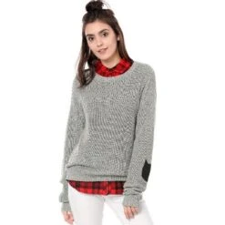 Allegra K Women's Pullover Drop Shoulder Elbow Patch Loose Sweater Pullover Jumper