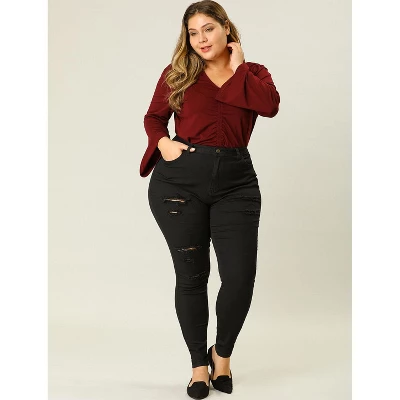 Agnes Orinda Women's Plus Size Mid Rise Zip Fly Skinny Ripped Jeans 2 Agnes Orinda Women's Plus Size Mid Rise Zip Fly Skinny Ripped Jeans - Image 2