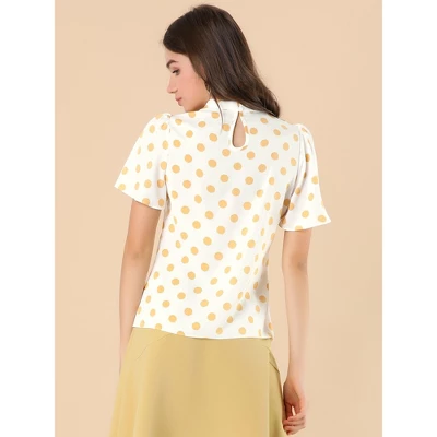 Allegra K Women's Polka Dots Stand Collar Pleat Keyhole Back Short Flare Sleeve Tops 4 Allegra K Women's Polka Dots Stand Collar Pleat Keyhole Back Short Flare Sleeve Tops - Image 4