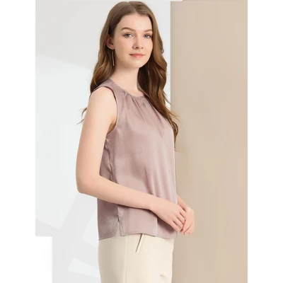 Allegra K Women's Satin Round Neck Sleeveless Work Office Pleated Blouse 3 Allegra K Women's Satin Round Neck Sleeveless Work Office Pleated Blouse - Image 3