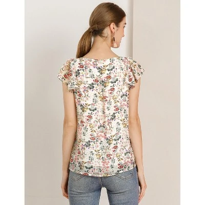 Allegra K Women's Chiffon Ruffle Sleeve Square Neck Floral Print Layered Blouse 4 Allegra K Women's Chiffon Ruffle Sleeve Square Neck Floral Print Layered Blouse - Image 4