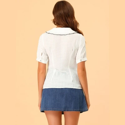 Allegra K Women's Peter Pan Collar Contrast Color Trim Gingham Button Up Shirt 4 Allegra K Women's Peter Pan Collar Contrast Color Trim Gingham Button Up Shirt - Image 4