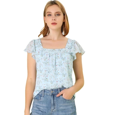 Allegra K Women's Chiffon Ruffle Sleeve Square Neck Floral Print Layered Blouse 18 Allegra K Women's Chiffon Ruffle Sleeve Square Neck Floral Print Layered Blouse - Image 18