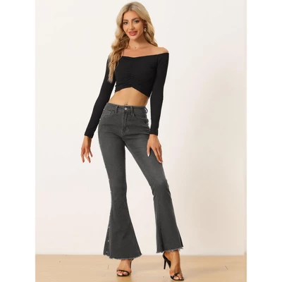 Allegra K Women's Flared Beaded Raw Hem Bell Bottom Casual Jeans Denim Pants 2 Allegra K Women's Flared Beaded Raw Hem Bell Bottom Casual Jeans Denim Pants - Image 2