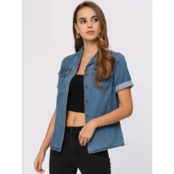 Allegra K Women's Collared Short Sleeves Flap Pocket Button Denim Shirt