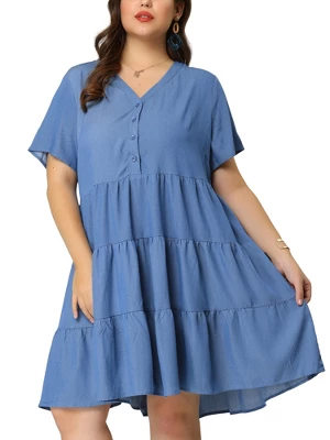 Agnes Orinda Women's Plus Size Babydoll Tiered V Neck Short Sleeve Chambray Dresses 1 Agnes Orinda Women's Plus Size Babydoll Tiered V Neck Short Sleeve Chambray Dresses