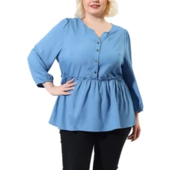 Agnes Orinda Women's Plus Size Peplum Top Pullover Puff Sleeve High Waist Chambray Blouse -CUPSHE Store GUEST da628983 0e18 492d 8571 f8875584646f