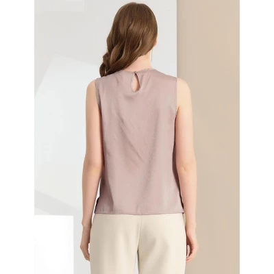 Allegra K Women's Satin Round Neck Sleeveless Work Office Pleated Blouse 4 Allegra K Women's Satin Round Neck Sleeveless Work Office Pleated Blouse - Image 4