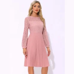 INSPIRE CHIC Women's Pleated Casual Long Sleeves Belted Wedding Guest Floral Lace Dress