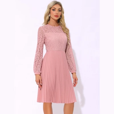 INSPIRE CHIC Women's Pleated Casual Long Sleeves Belted Wedding Guest Floral Lace Dress 1 INSPIRE CHIC Women's Pleated Casual Long Sleeves Belted Wedding Guest Floral Lace Dress