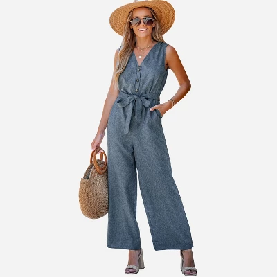 Women's Belted V-Neck Buttoned Jumpsuit - Cupshe 7 Women's Belted V-Neck Buttoned Jumpsuit - Cupshe - Image 7
