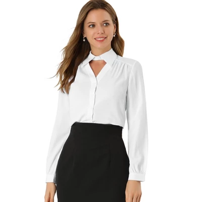 Allegra K Women's Choker Neck Blouse Long Sleeve Turn Down Collar Work Shirt 6 Allegra K Women's Choker Neck Blouse Long Sleeve Turn Down Collar Work Shirt - Image 6