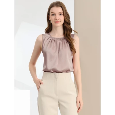 Allegra K Women's Satin Round Neck Sleeveless Work Office Pleated Blouse 2 Allegra K Women's Satin Round Neck Sleeveless Work Office Pleated Blouse - Image 2