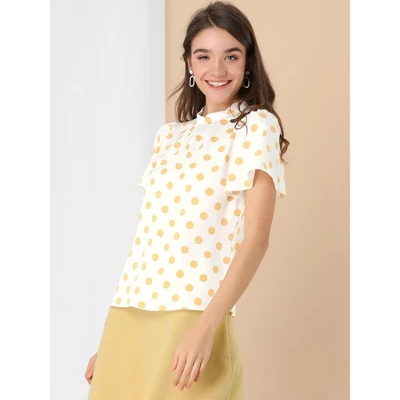 Allegra K Women's Polka Dots Stand Collar Pleat Keyhole Back Short Flare Sleeve Tops 3 Allegra K Women's Polka Dots Stand Collar Pleat Keyhole Back Short Flare Sleeve Tops - Image 3