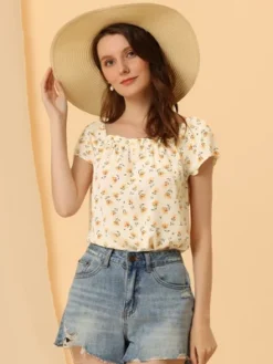 Allegra K Women's Square Neck Casual Cap Sleeve Floral Print Peasant Tops -CUPSHE Store GUEST e032ffef e29a 4241 86bb ac48014efb7a