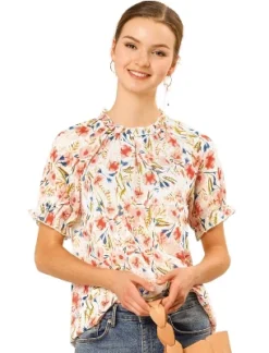 Allegra K Women's Floral Ruffled Short Sleeve Mock Neck Blouses -CUPSHE Store GUEST e05a6781 22f8 47b0 9e28 59d9004bdb88