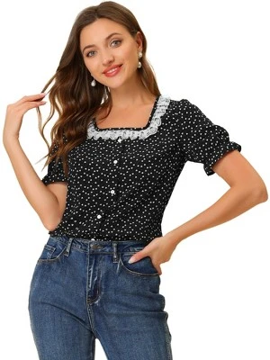 Allegra K Women's Square Neck Button Ruffle Sleeve Love Heart Printed Blouse Top 8 Allegra K Women's Square Neck Button Ruffle Sleeve Love Heart Printed Blouse Top - Image 8