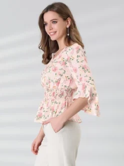 Allegra K Women's Chiffon Floral Blouse V-neck Flare Sleeve Spring Smock Waist Top -CUPSHE Store GUEST e12fc1a3 5ff3 4f5e 8db0 7c46080dcf9f