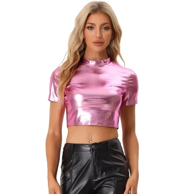 Allegra K Women's Party Short Sleeve Mock Neck Metallic Crop Top 16 Allegra K Women's Party Short Sleeve Mock Neck Metallic Crop Top - Image 16