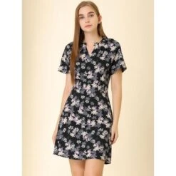 INSPIRE CHIC Women's Floral Pleated Collar Keyhole Front Raglan Sleeve Casual A-Line Dress