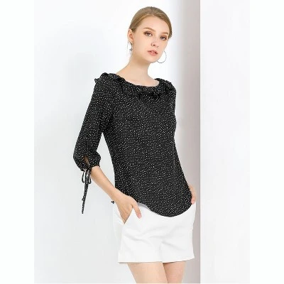 Allegra K Women's Vintage 3/4 Sleeve Boat Neck Ruffled Heart Dots Print Blouse 3 Allegra K Women's Vintage 3/4 Sleeve Boat Neck Ruffled Heart Dots Print Blouse - Image 3