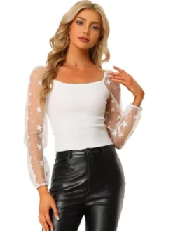 Allegra K Women's Square Neck Blouse Star Print Mesh Sheer Long Sleeve Textured Crop Top -CUPSHE Store GUEST e4df5899 3e96 400e 8852 313927871605