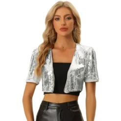 Allegra K Women's Puff Short Sleeve Open Front Party Crop Sequin Cardigan -CUPSHE Store GUEST e53bac0d 5e6a 47b8 b999 8d138bbf5fc0