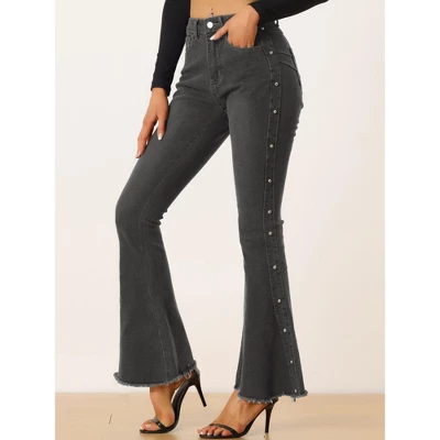 Allegra K Women's Flared Beaded Raw Hem Bell Bottom Casual Jeans Denim Pants 1 Allegra K Women's Flared Beaded Raw Hem Bell Bottom Casual Jeans Denim Pants