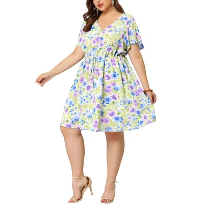 Agnes Orinda Women's Plus Dresses Floral Drawstring Waist V Neck Dress 6 Agnes Orinda Women's Plus Dresses Floral Drawstring Waist V Neck Dress - Image 6
